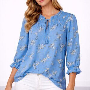 *NWOT* Melloday Blue Floral Smocked Blouse Tie Neck Boho Top Size Large